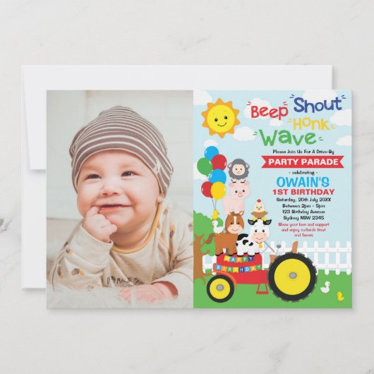 ドライブスルー誕生日パレードファームパーティー動物 招待状 (正面)