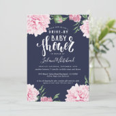 ドライブバイウォーターカラーピンクフローラネイビーベビーシャワー 招待状 (スタンド正面)