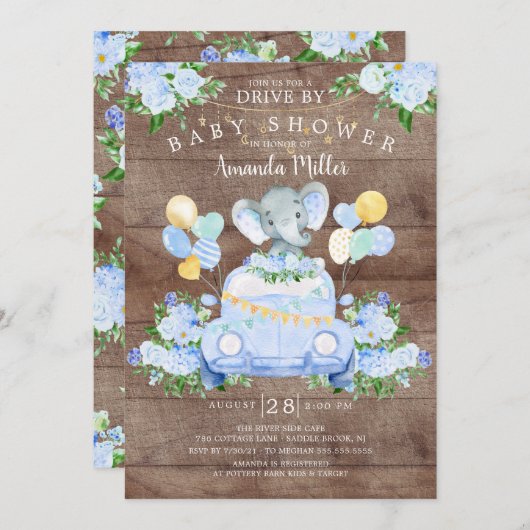 ドライブバイエレファントボーイズ赤ちゃんシャワー招待状 招待状 (正面/裏面)