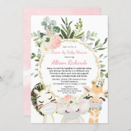 ドライブバイガールベビーがピンク色のかわいい動物に金ゴールドを浴びる 招待状