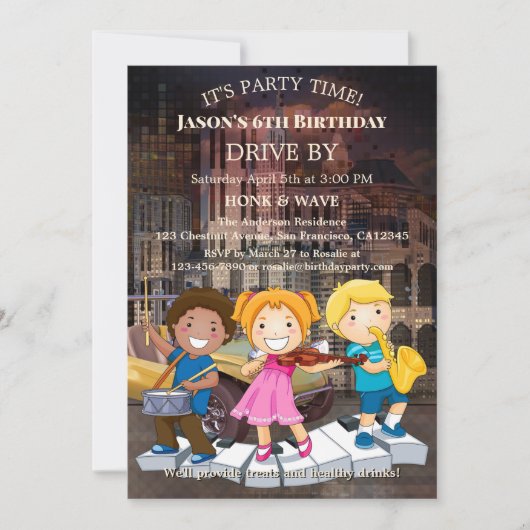 ドライブバイディスタンス音楽子供の誕生日パーティー 招待状 (正面)