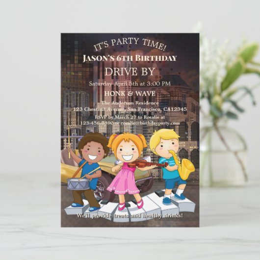 ドライブバイディスタンス音楽子供の誕生日パーティー 招待状 (スタンド正面)