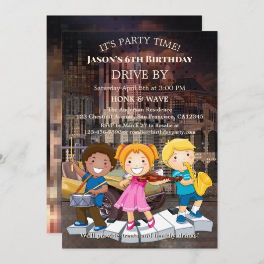 ドライブバイディスタンス音楽子供の誕生日パーティー 招待状 (正面/裏面)