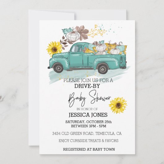 ドライブバイトラックカボチャ秋の赤ちゃんシャワー 招待状 (正面)