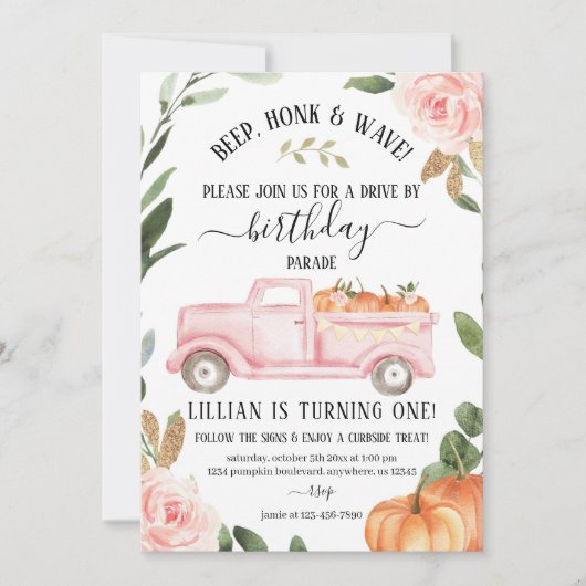 ドライブバイパンプキン誕生日招待状 招待状 (正面)