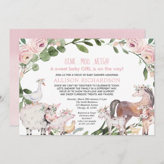 ドライブバイファーム納屋周囲の庭動物の女の子ベビーシャワー 招待状 (正面/裏面)