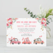 ドライブバイフローラピンク金ゴールドスルー女の子誕生日 招待状 (スタンド正面)