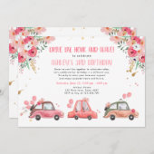 ドライブバイフローラピンク金ゴールドスルー女の子誕生日 招待状 (正面/裏面)