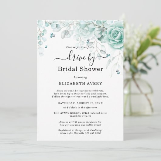 ドライブバイブライダルシャワーターコイズとセージ緑 招待状 (スタンド正面)