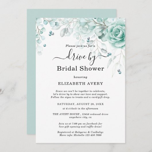 ドライブバイブライダルシャワーターコイズとセージ緑 招待状 (正面/裏面)