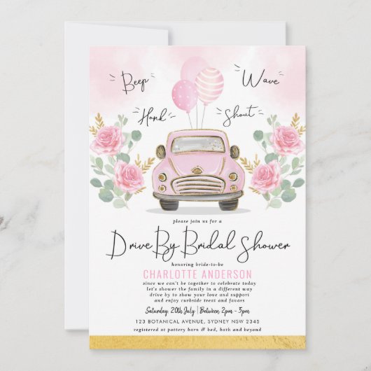 ドライブバイブライダルシャワーピンクフローラビンテージカー 招待状 (正面)