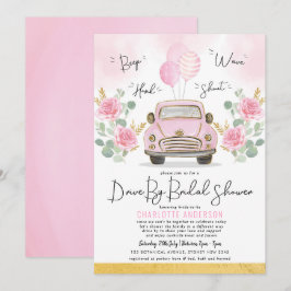 ドライブバイブライダルシャワーピンクフローラビンテージカー 招待状