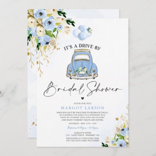 ドライブバイブライダルシャワーブルーフローラカードライブバイ 招待状 (正面/裏面)