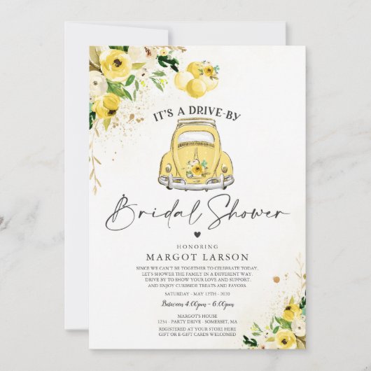 ドライブバイブライダルシャワー招待イエローフローラ 招待状 (正面)