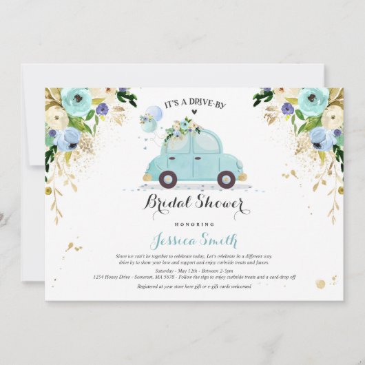 ドライブバイブライダルシャワー招待ブルーフローラ 招待状 (正面)