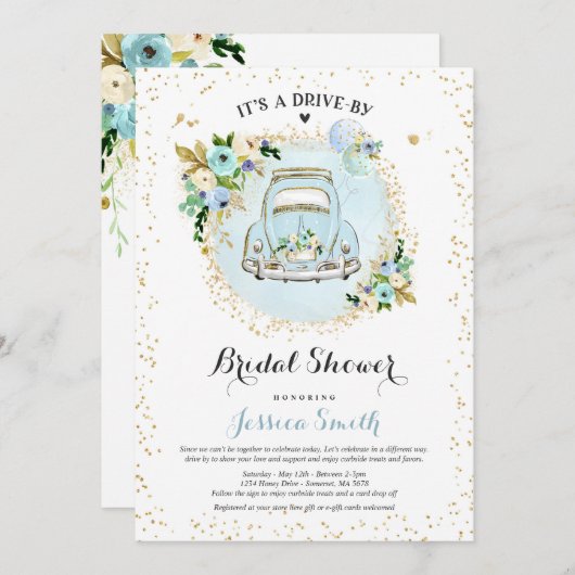 ドライブバイブライダルシャワー招待ブルーフローラ 招待状 (正面/裏面)