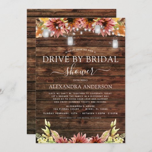 ドライブバイブライダルシャワー素朴秋ひまわり 招待状 (正面/裏面)