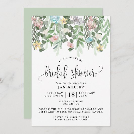 ドライブバイブライダルシャワー、水彩コテージ花 招待状 (正面/裏面)
