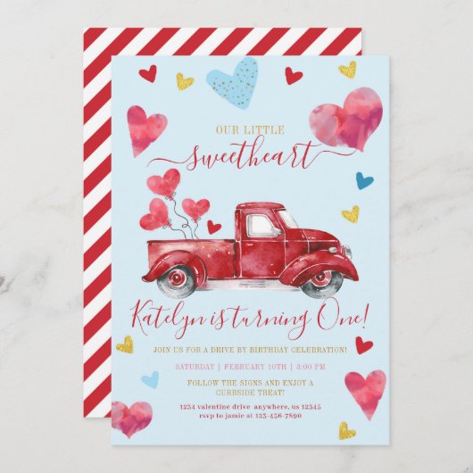 ドライブバイブルーバレンタインハートボーイ誕生日 招待状 (正面/裏面)