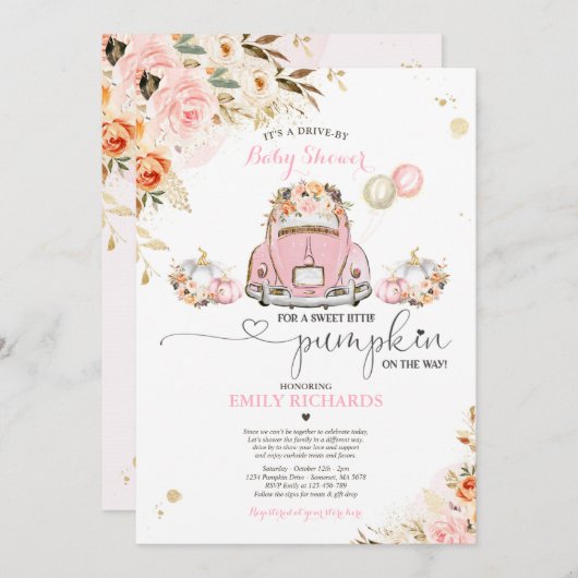 ドライブバイベイビーシャワーピンク金ゴールドフローラパンプキン 招待状 (正面/裏面)