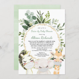 ドライブバイベビーシャワーのかわいい動物の緑の金ゴールド 招待状