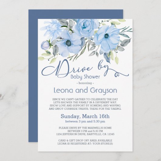 ドライブバイベビーシャワーダスティブルー水彩フローラ 招待状 (正面/裏面)