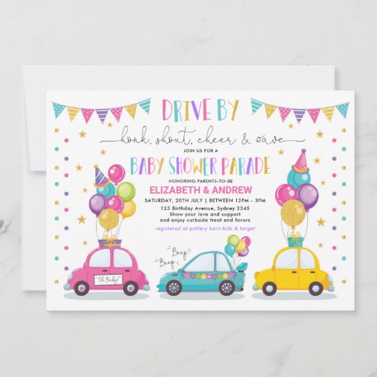 ドライブバイベビーシャワーパーティーパレード検疫ガール 招待状 (正面)