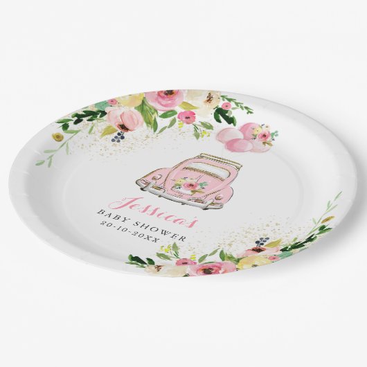 ドライブバイベビーシャワーピンクフローラ紙プレートデコール ペーパープレート (アングル)