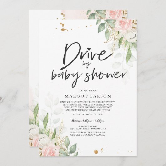 ドライブバイベビーシャワー招待状緑のピンク金ゴールド 招待状 (正面/裏面)