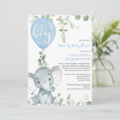 ドライブバイボーイのベビーシャワーの可愛い象の緑 招待状 (スタンド正面)