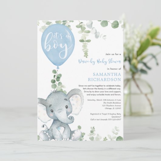 ドライブバイボーイのベビーシャワーの可愛い象の緑 招待状 (スタンド正面)