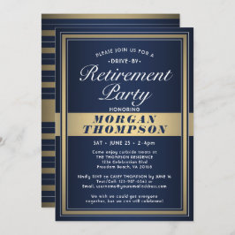 ドライブバイリタイアパーティーネイビーブルーホワイトと金ゴールド 招待状