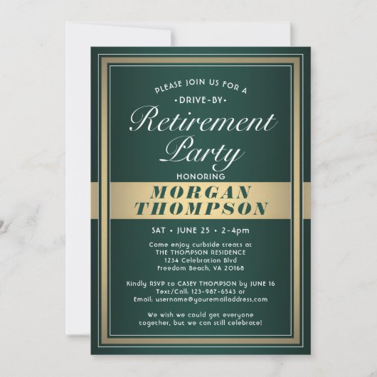 ドライブバイリタイアメントパーティーグリーンホワイトと金ゴールド 招待状 (正面)