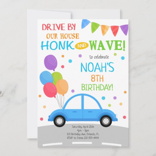 ドライブバイ招待状ボーイ誕生日パレード招待状 招待状 (正面)