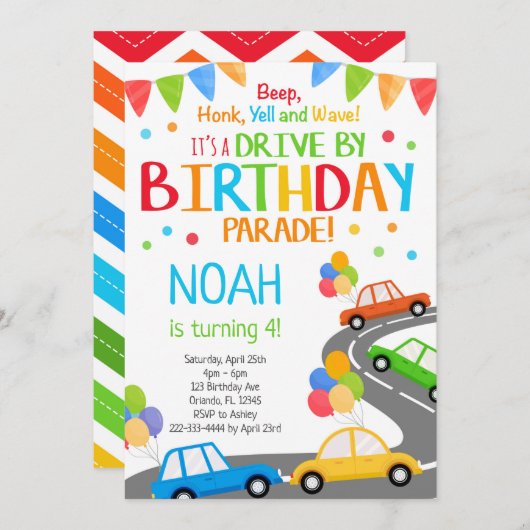 ドライブバイ招待状ボーイ誕生日パレード招待状 招待状 (正面/裏面)