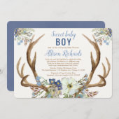 ドライブバイ田舎の〔雄ジカの〕枝角の青緑のフローラボーイベビー 招待状 (正面/裏面)