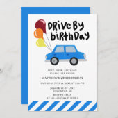 ドライブバイ誕生日かわいいブルーカーバルーンシンプル 招待状 (正面/裏面)