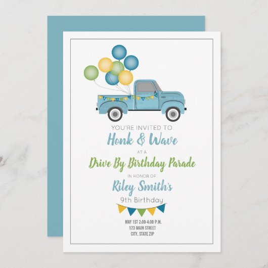 ドライブバイ誕生日ソーシャルディスタンスブルートラック 招待状 (正面/裏面)
