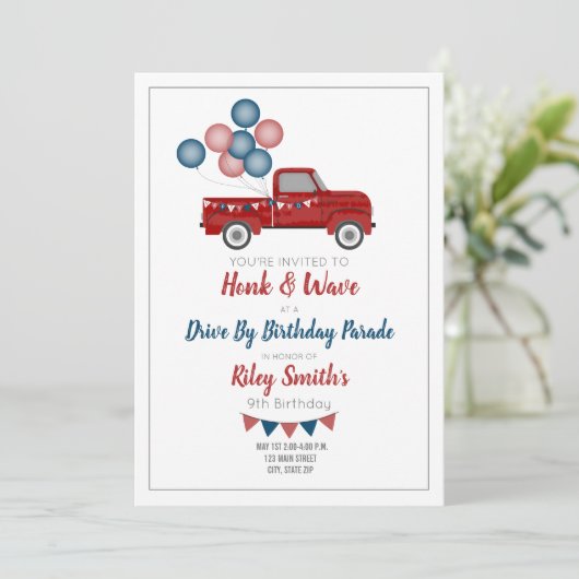 ドライブバイ誕生日ソーシャル分散パーティー赤 招待状 (スタンド正面)