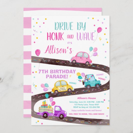 ドライブバイ誕生日パレードパーティーピンクドライブスルー 招待状 (正面/裏面)
