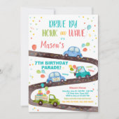 ドライブバイ誕生日パレードパーティーブルードライブスルー 招待状 (正面)