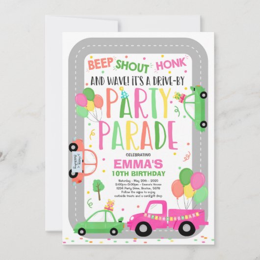 ドライブバイ誕生日パレード招待状ピンクパレード 招待状 (正面)