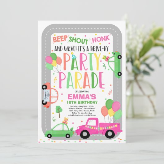 ドライブバイ誕生日パレード招待状ピンクパレード 招待状 (スタンド正面)