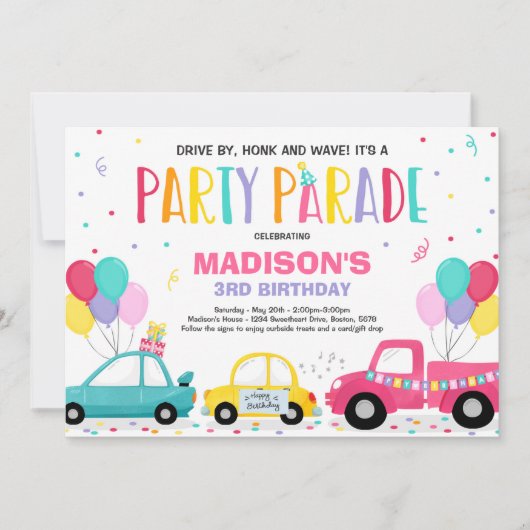 ドライブバイ誕生日パレード招待状ピンクパレード 招待状 (正面)