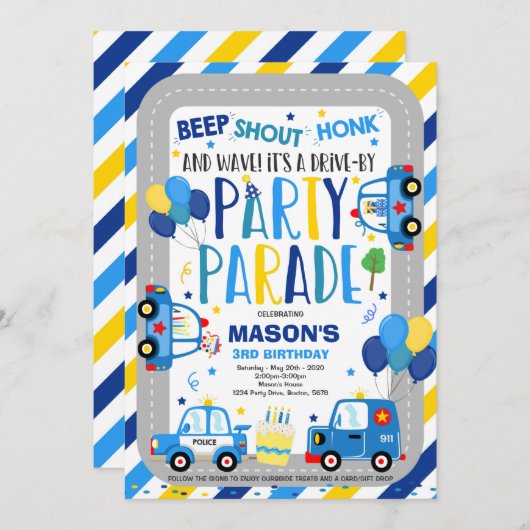 ドライブバイ誕生日パレード招待状警察パレード 招待状 (正面/裏面)