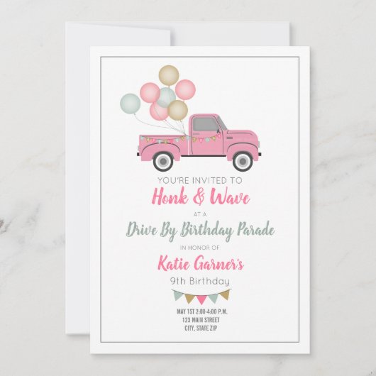 ドライブバイ誕生日パレード社会的距離パーティー 招待状 (正面)