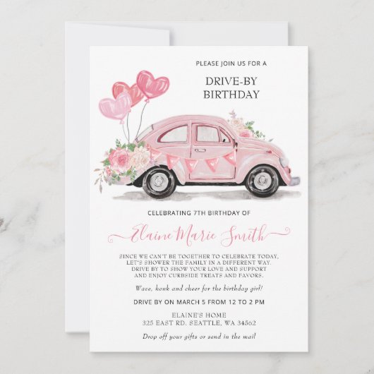 ドライブバイ誕生日水彩フローラピンクカー 招待状 (正面)