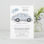 ドライブバイ誕生日水彩フローラブルーカー 招待状 (スタンド正面)