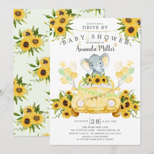 ドライブバイ エレファント ニュートラル ベビーシャワー 招待状 (正面/裏面)
