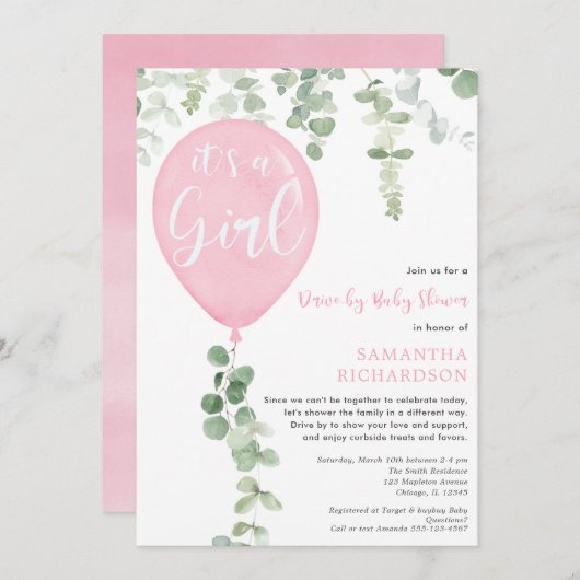 ドライブバイ ガール ベイビーシャワー ピンク風船 ユーカリ 招待状 (正面/裏面)